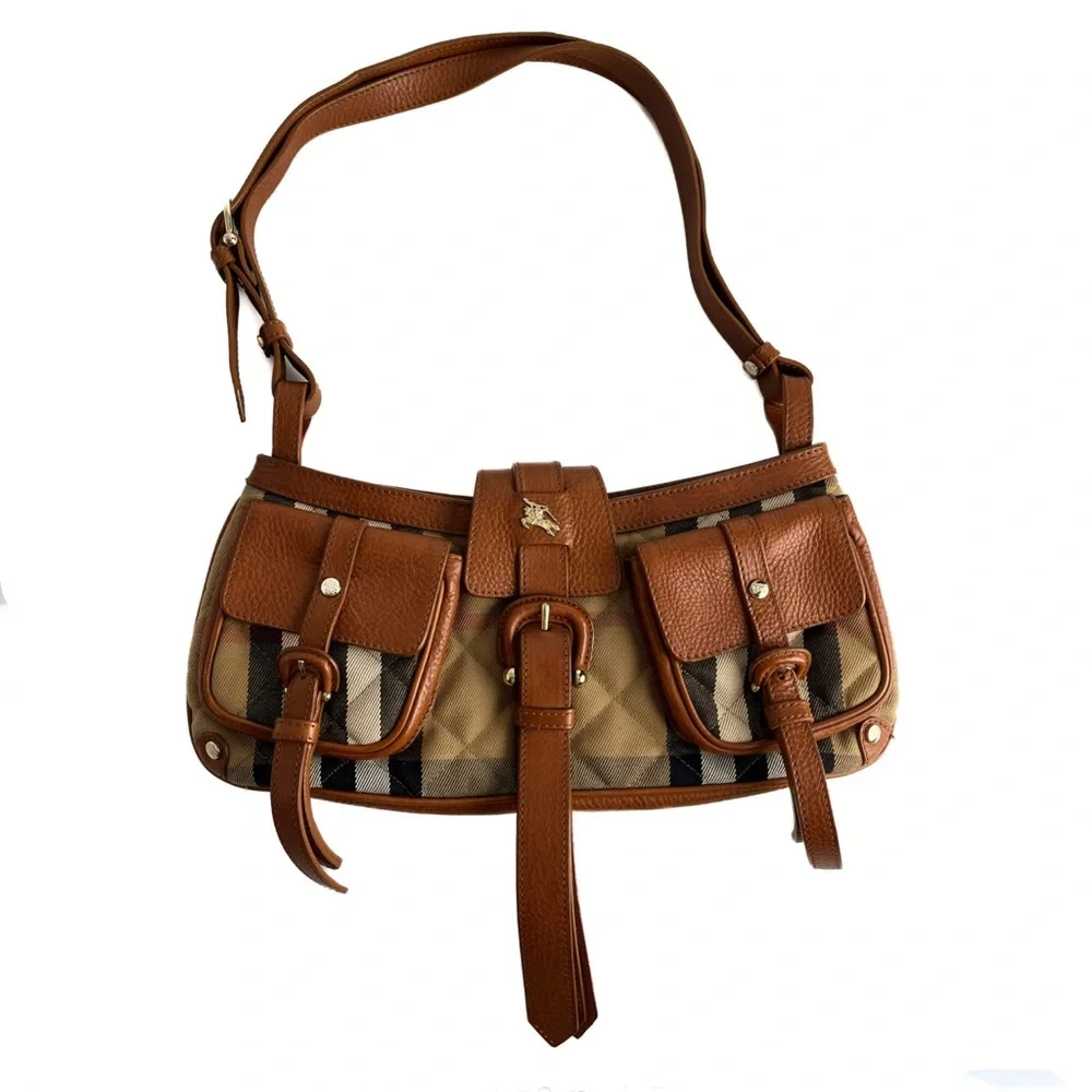 BURBERRY Satchel Canvas Check Shoulder Bag Caramel - Picture 3 of 15